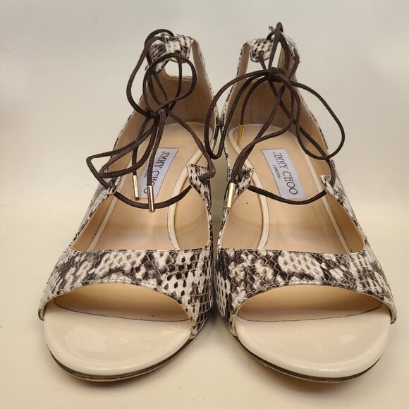 Jimmy Choo Ivory/Brown Snakeskin Open Toe Sandals Pumps Lace Up EU 40.5 - Picture 4 of 16
